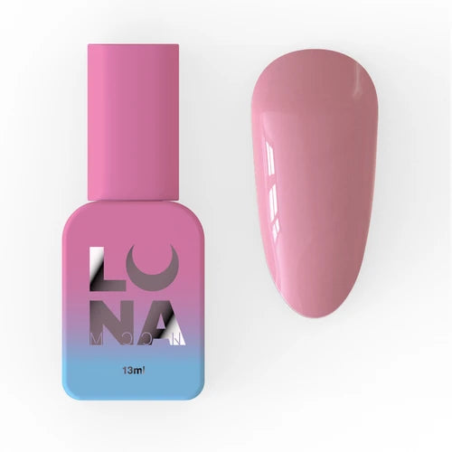 Pink UV gel nail polish bottle and matching painted nail sample on white background