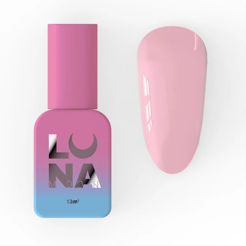 Pink gel nail polish bottle with Luna label and matching pink polished nail swatch