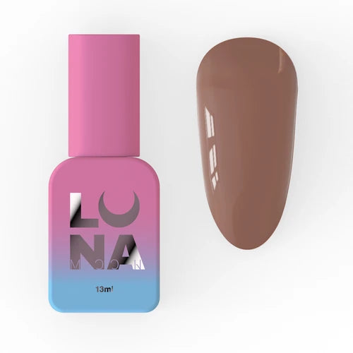 Brown gel nail polish bottle with pink and blue label next to matching nail swatch