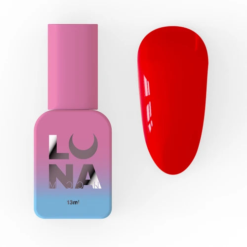Bright red gel nail polish bottle and matching nail swatch on white background