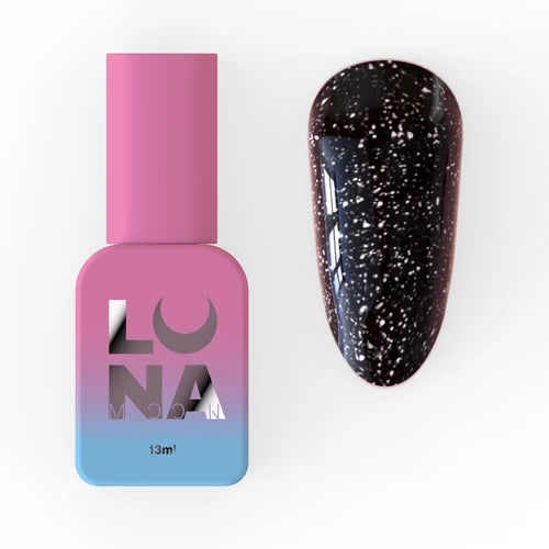 Black UV gel nail polish with silver glitter, pink bottle, manicure accessory
