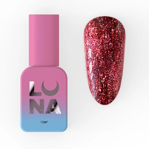 Pink and blue Luna nail polish bottle next to a swatch of glittery red gel polish