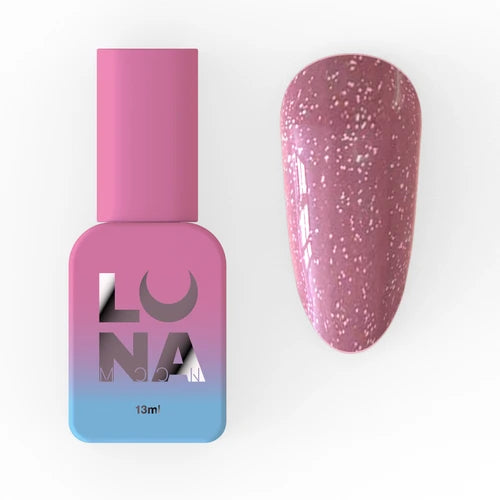 Pink gel nail polish bottle with matching swatch featuring silver glitter specks