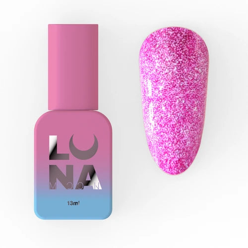 Pink glitter gel polish bottle with matching pink glitter nail swatch for manicure