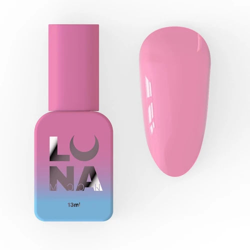 Pink gel nail polish bottle with matching glossy pink nail sample