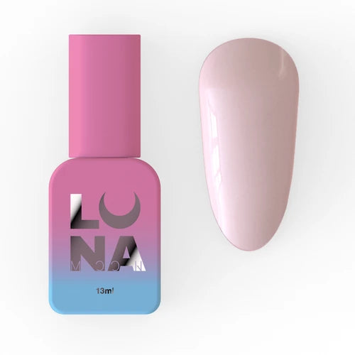 Pink and blue bottle of gel nail polish with light nude glossy nail color sample
