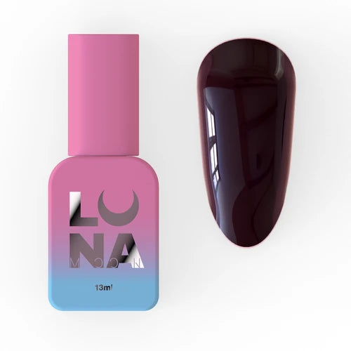 Dark burgundy gel nail polish bottle and matching painted nail swatch on white background