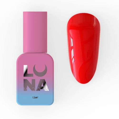 Red gel nail polish sample with pink and blue Luna bottle for manicure