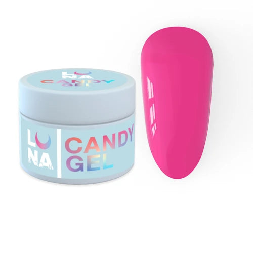 Bright pink gel nail polish jar labeled Candy Gel with matching nail swatch