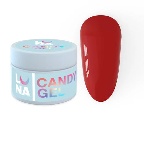 Red gel nail polish swatch with Luna Candy Gel jar, professional manicure product