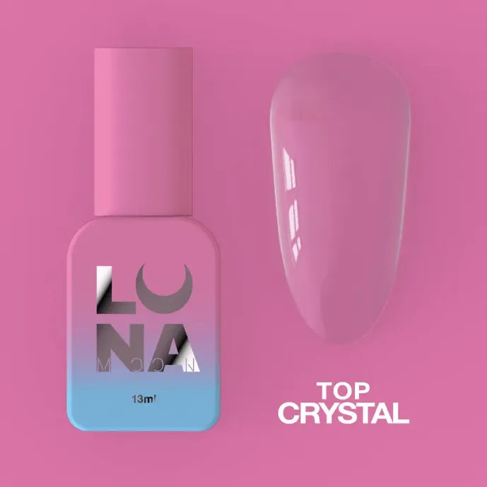Pink and blue 13ml bottle of Luna top crystal UV gel polish beside glossy nail swatch on pink background.