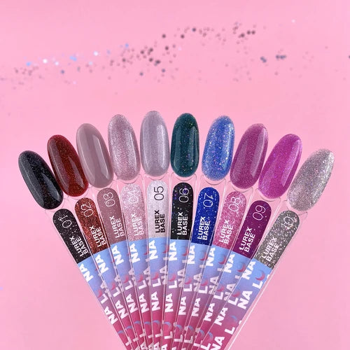 Swatch sticks of glitter and shimmer gel polish in various colors on pink background
