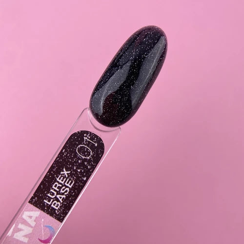 Black glitter gel nail polish swatch labeled Lurex Base 01 on pink background