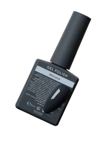 Black gel nail polish bottle labeled Mouse with color sample, manicure product