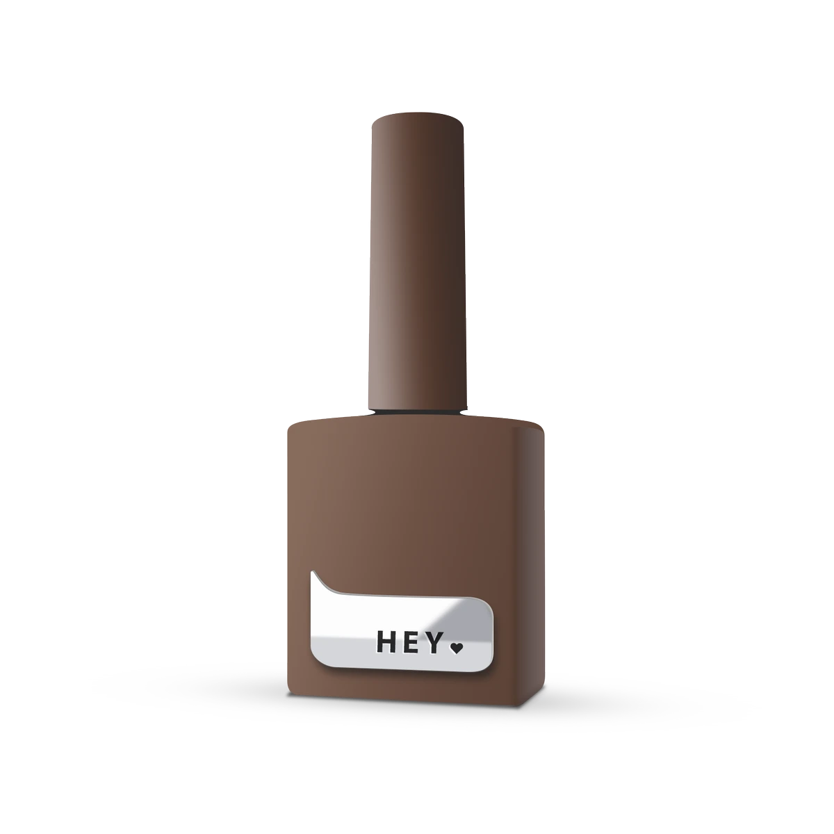 Brown gel nail polish bottle with 'HEY' label, manicure product on white background.