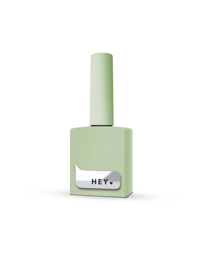 Pale green gel nail polish bottle with 'HEY' label, manicure product on white background