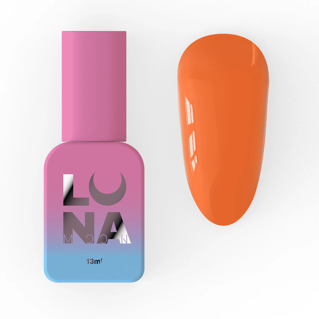 A bottle of LUNAMoon color base with a pink-to-blue gradient label and a glossy orange nail swatch shown beside it on a white background.