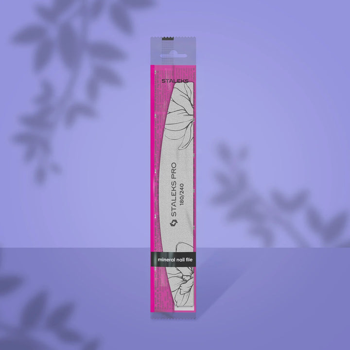 Staleks Pro 180/240 mineral nail file in floral pink packaging for manicure
