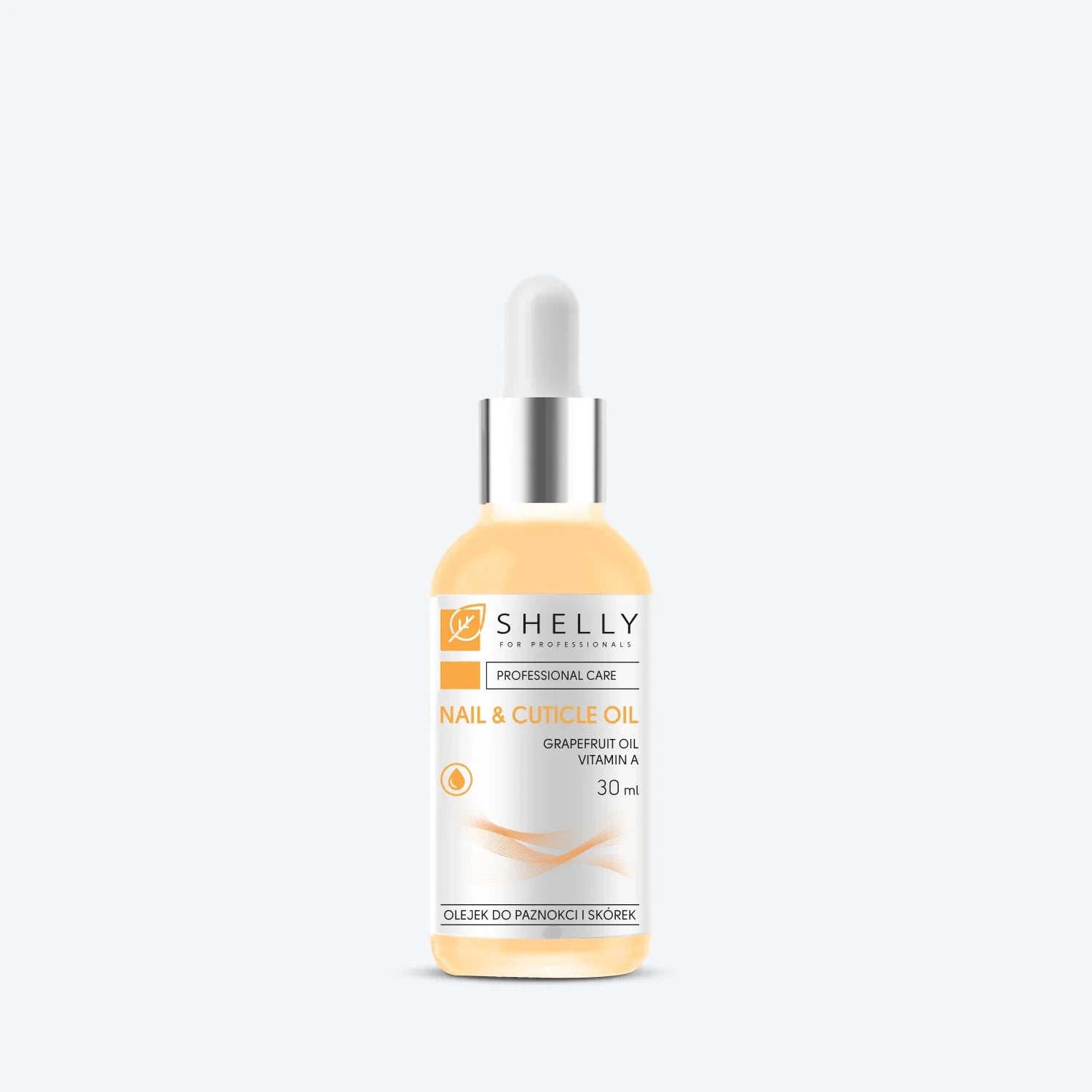 Nail and cuticle oil with grapefruit, vitamin A, 30ml dropper bottle on white background