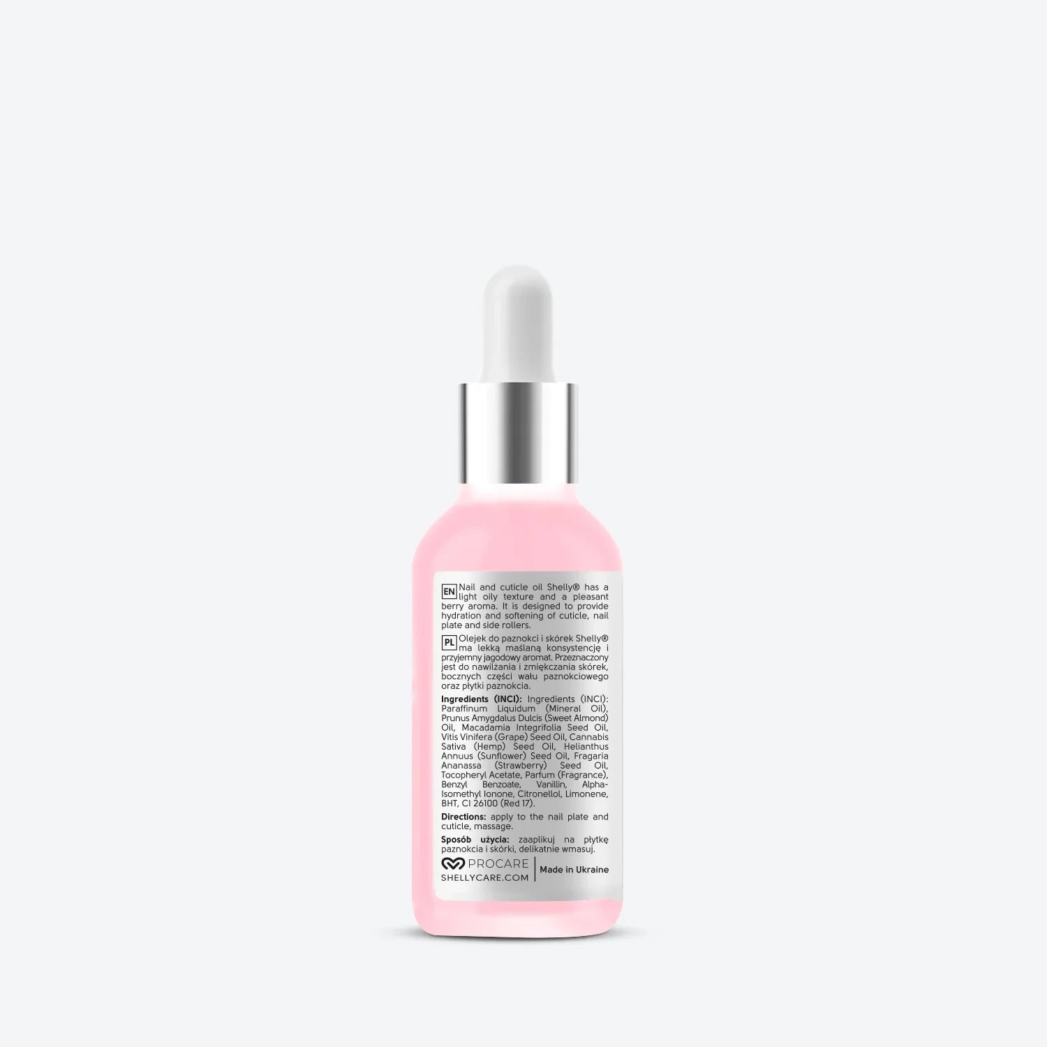 Strawberry nail and cuticle oil in pink glass dropper bottle with detailed label