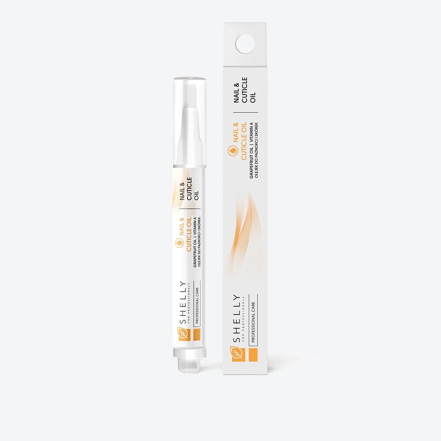 Nail and cuticle oil pen with grapefruit extract, product and packaging on white background