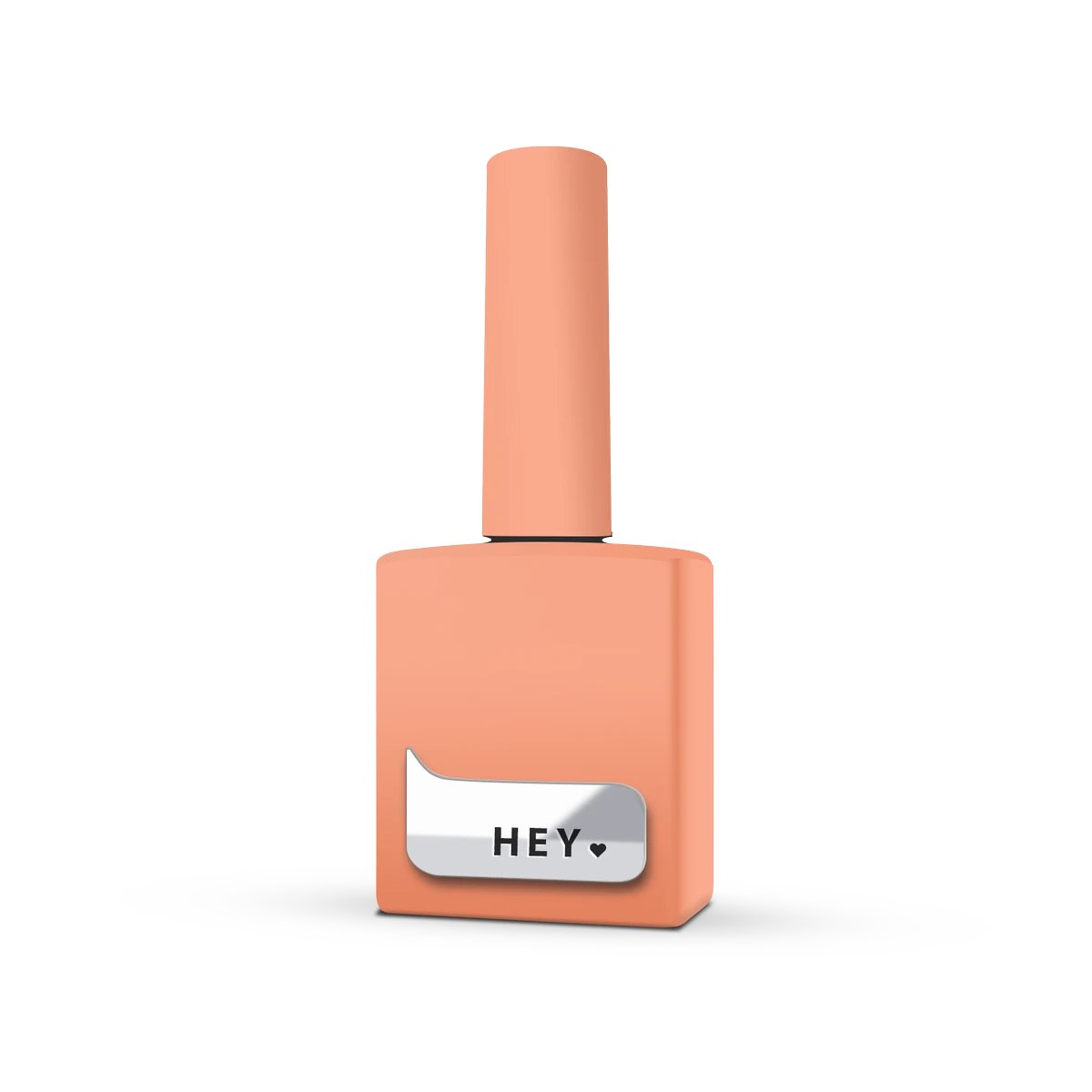 Peach color nail polish bottle with 'HEY' label, manicure product on white background