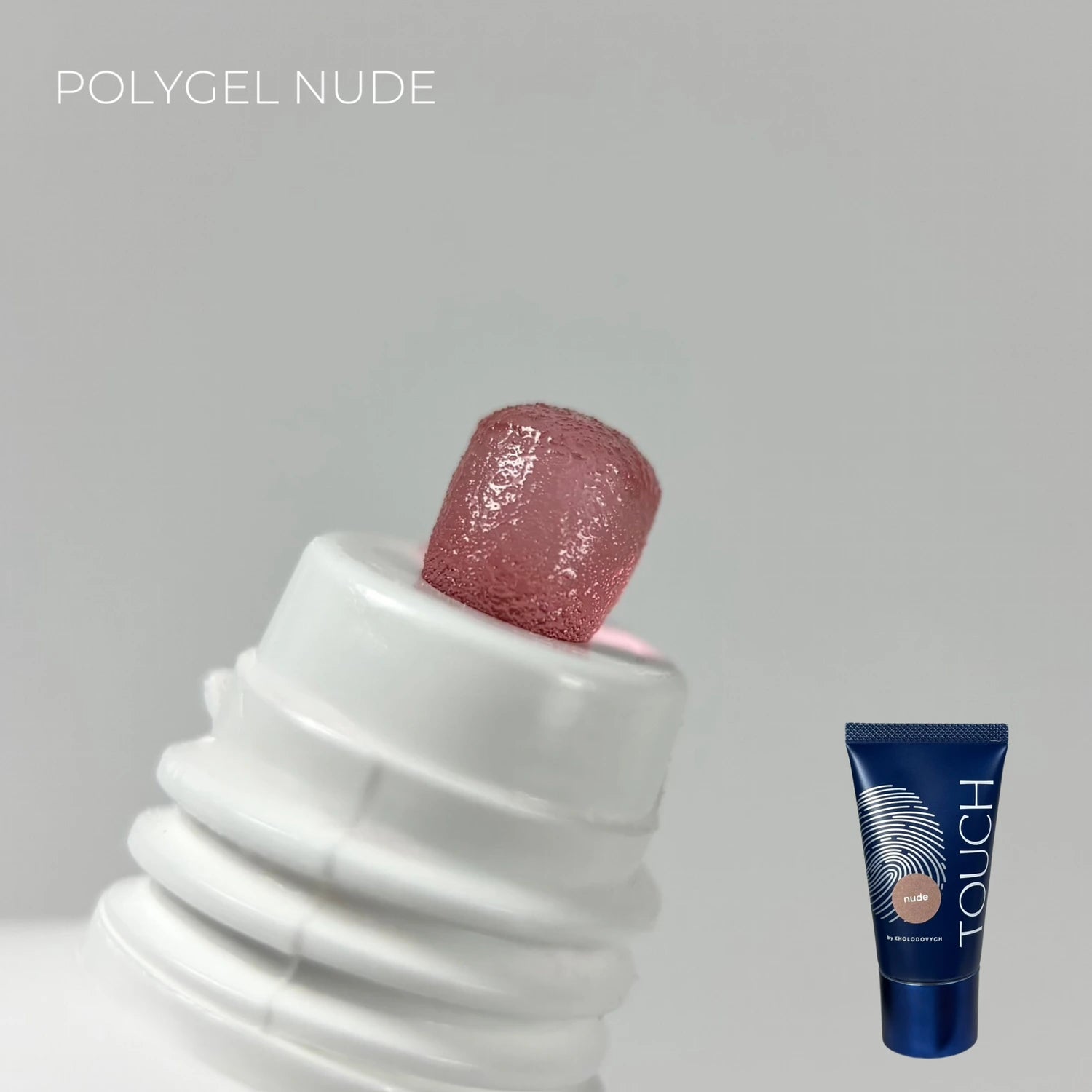 Nude polygel for nails shown extruded from a tube, with product packaging visible.
