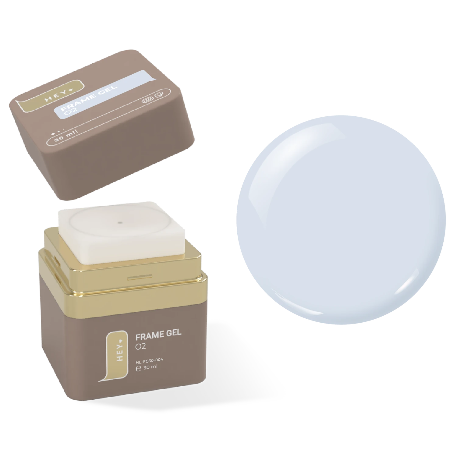 HEY FRAME GEL O2 brown and gold jar with pale blue nail gel sample, manicure product