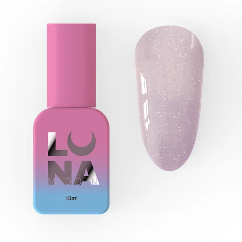 Pink and blue gel nail polish bottle beside a swatch of pale opal glitter nail color