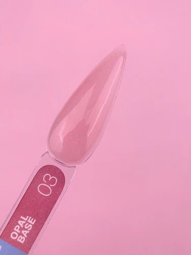 Swatch of pink opal base gel nail polish on display stick, glossy finish, pink background