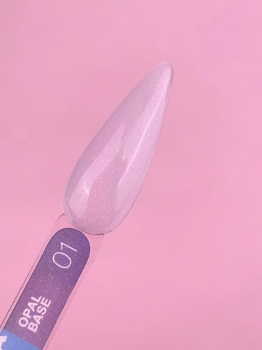 Pale pink shimmery nail gel swatch on plastic display stick, labeled Opal Base 01.