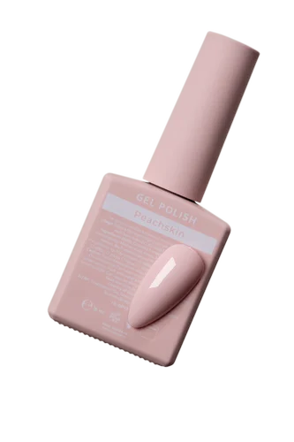 Peachskin gel nail polish bottle with matching swatch, professional manicure product.
