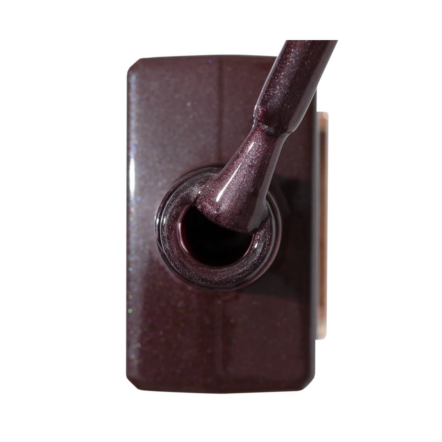 Shimmery dark purple gel nail polish bottle with brush, manicure accessory