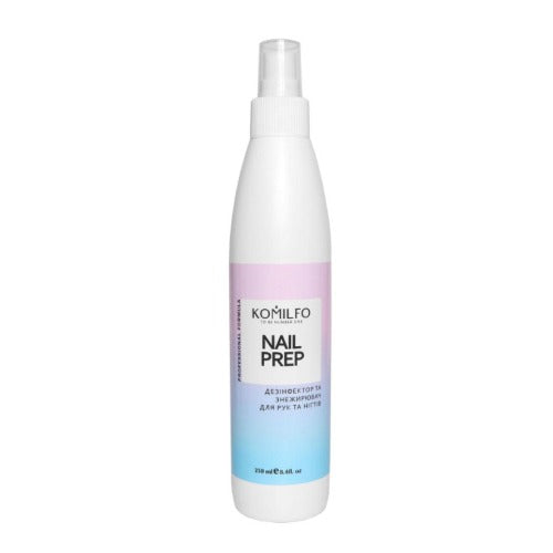 Komilfo nail prep spray bottle for manicure and pedicure, white with pastel label, 250 ml