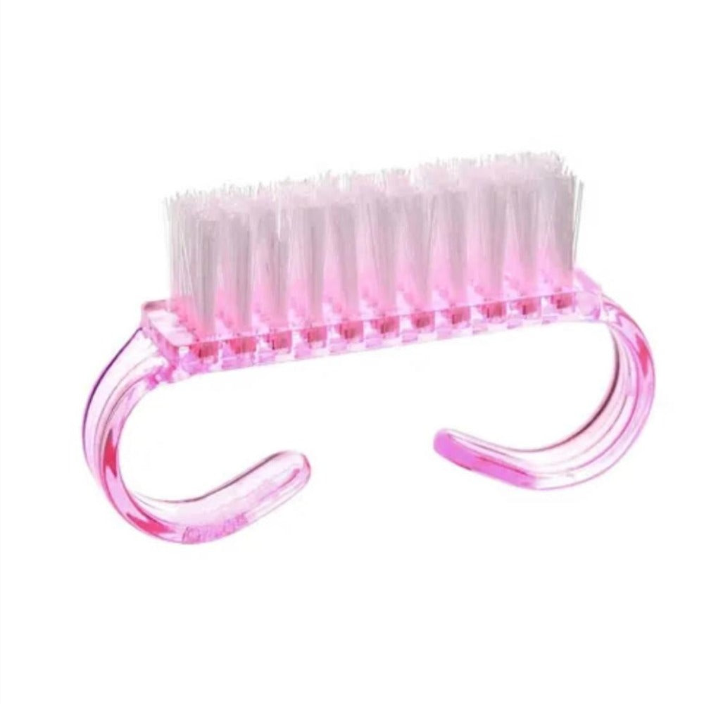 Pink nail brush with clear bristles and dual curved handles for manicure cleaning