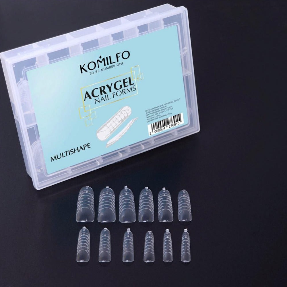 Acrygel nail forms set with clear plastic dual forms for manicure on black background.