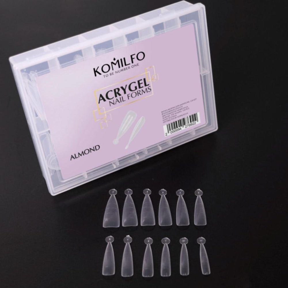 Acrygel nail forms almond shape set in clear plastic case for professional manicure
