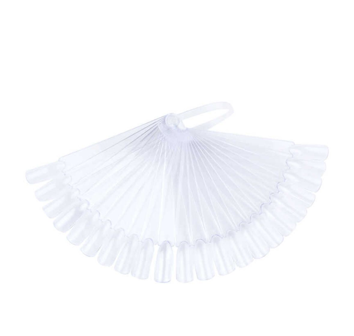 Clear nail tip display fan for manicure gel polish color samples.