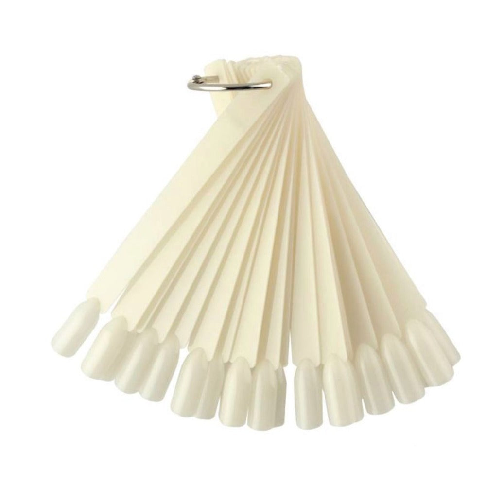 Fan-shaped nail color display sticks for manicure and pedicure, cream white plastic.
