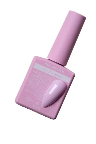 Light pink gel nail polish bottle labeled 'pink-a-boo' with matching color swatch