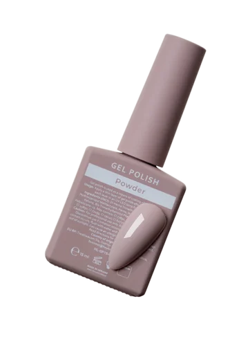Neutral beige gel nail polish bottle with attached color sample for manicure