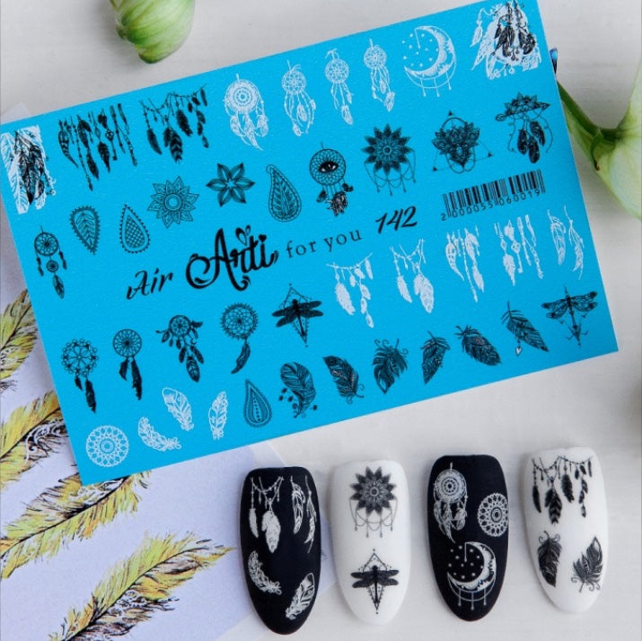 Dreamcatcher feather nail art decals with black and white manicure display