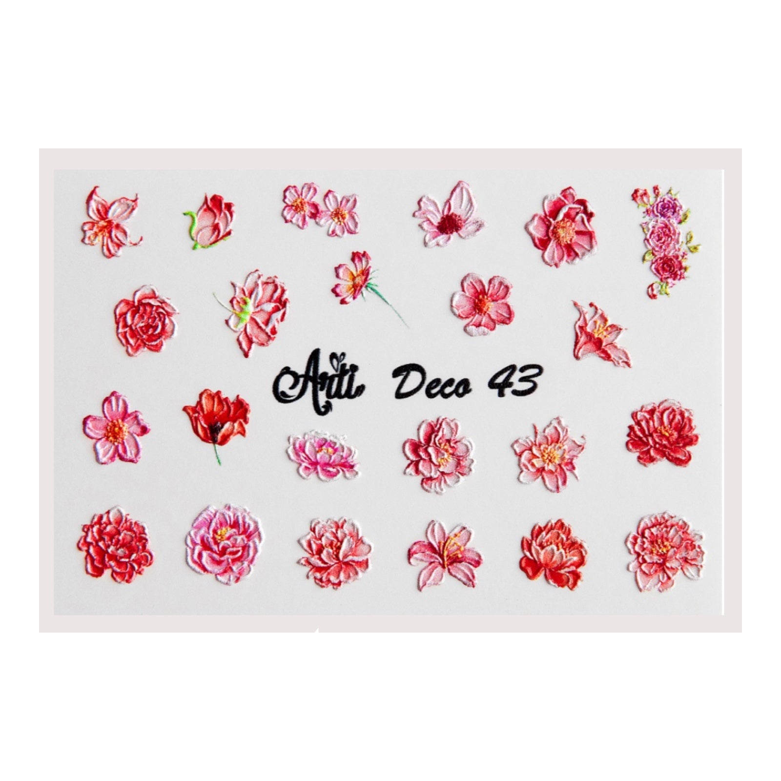 Sheet of pink and red floral nail art stickers labeled Artli Deco 43 for manicure decoration