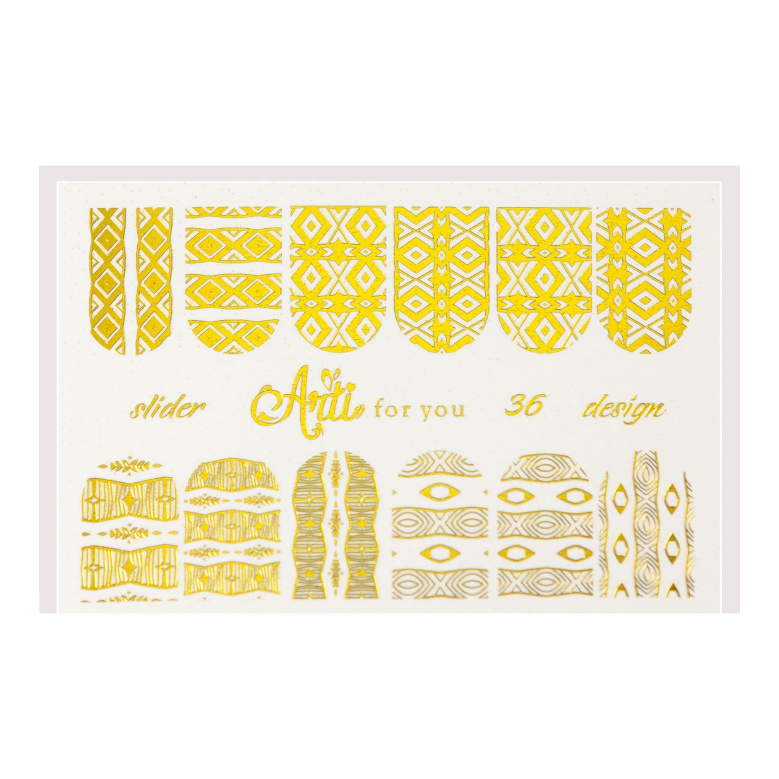 Gold geometric nail art stickers for manicure, assorted strip and pattern designs on white sheet.