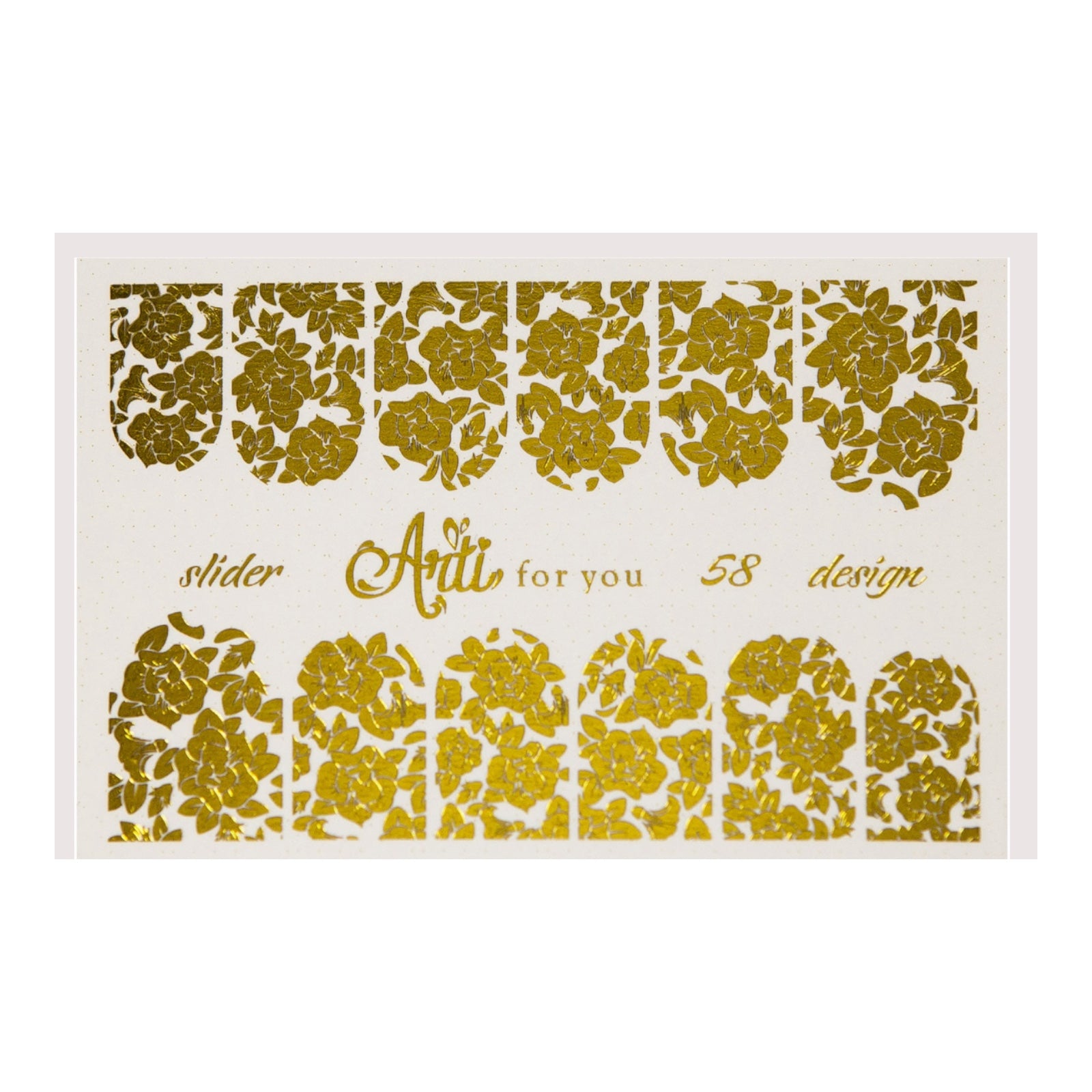 Gold floral nail art stickers for manicure, decorative slider design on white background