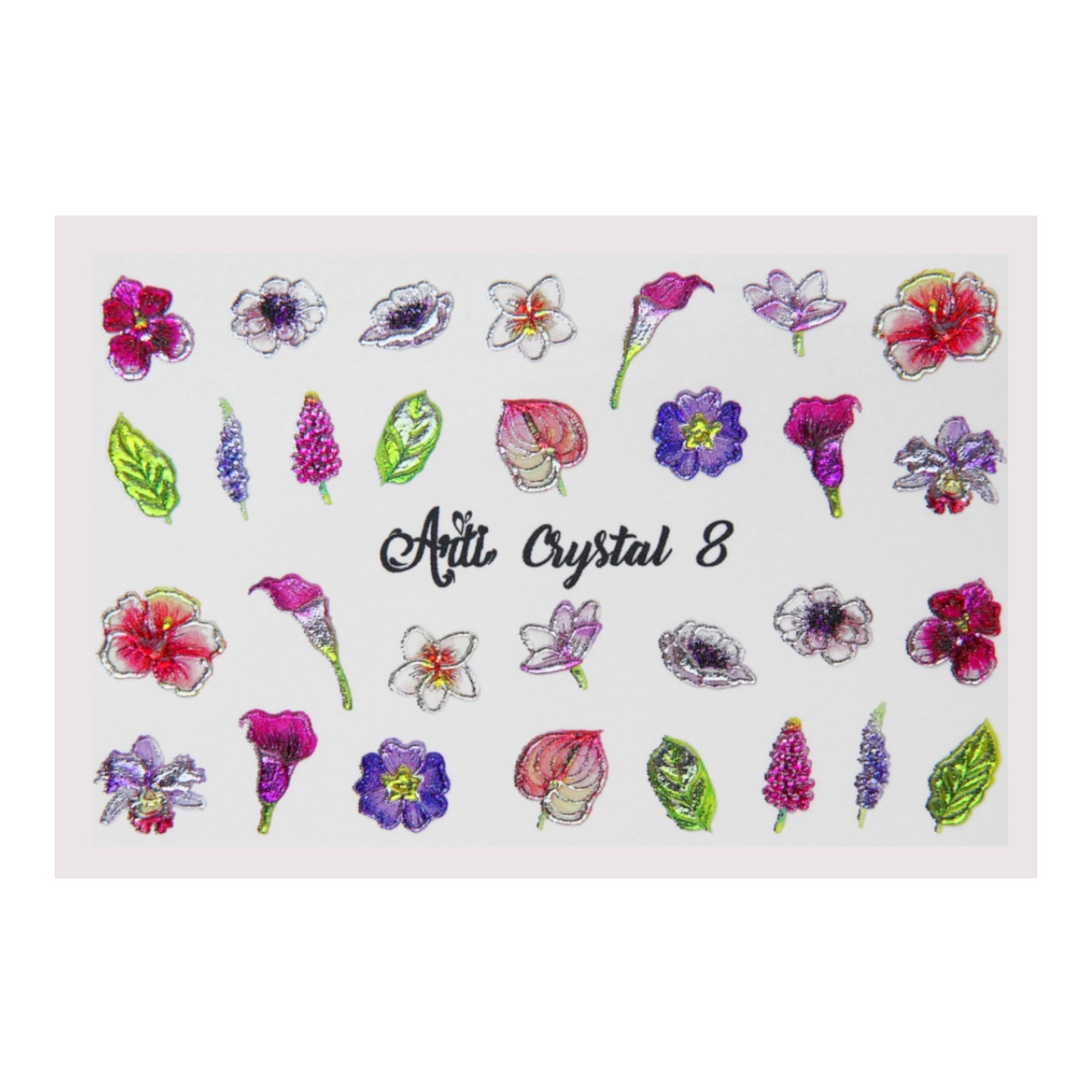 Colorful flower and leaf nail art stickers sheet labeled 'Art. Crystal 8' for manicure decoration