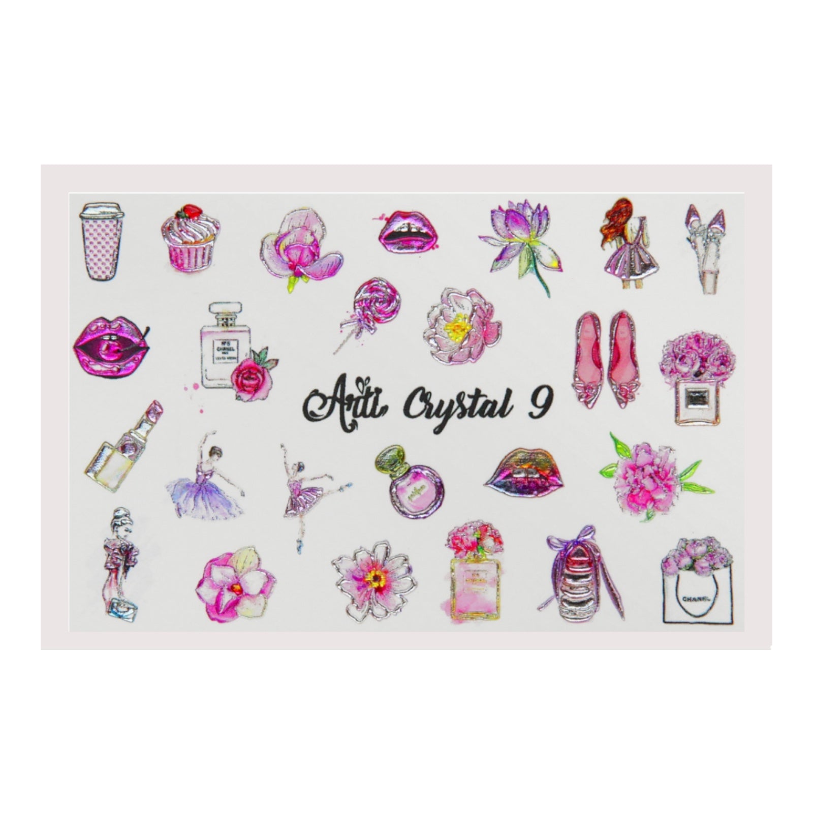Assorted pink nail art stickers including flowers, shoes, lips, perfume bottles, and desserts