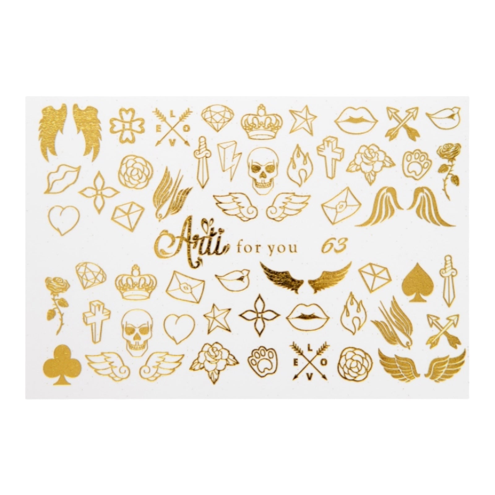 Gold metallic nail art stickers with various designs including crowns, wings, hearts, and skulls.