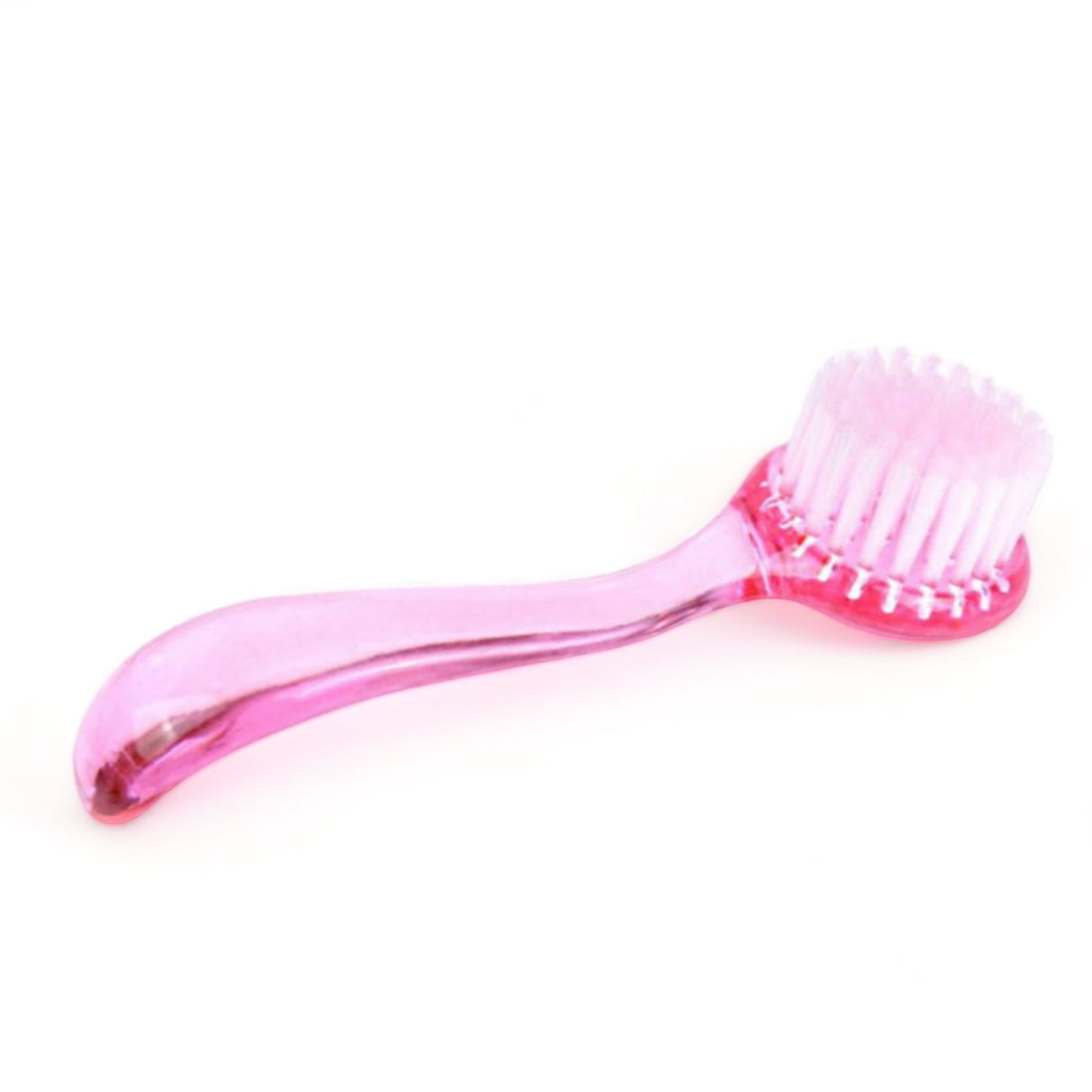Pink plastic nail brush with white bristles for manicure and pedicure cleaning