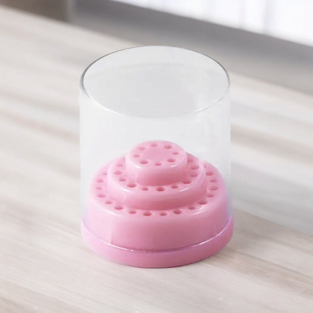 Pink plastic nail drill bit holder organizer with clear lid for manicure accessories